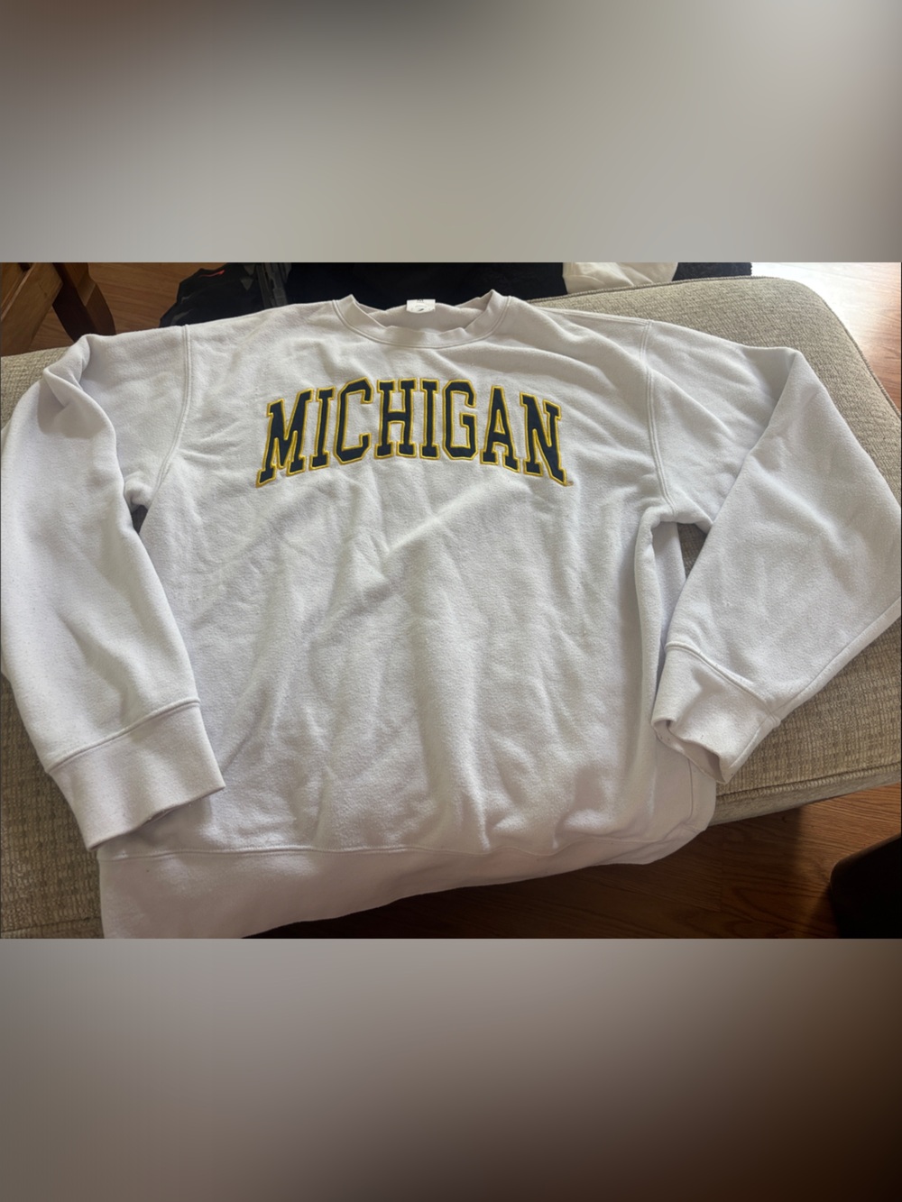 Michigan Crewneck Sweatshirt - White with Navy & Yellow Lettering